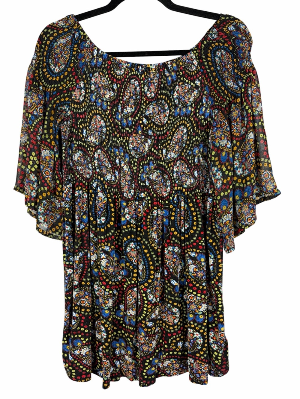 August Silk Black Multicolor Paisley Floral Smocked Boho Blouse Medium